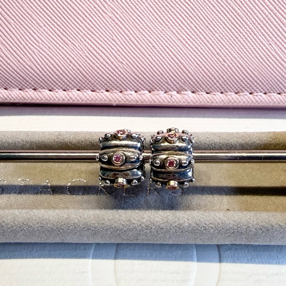 2 Pandora RETIRED AND RARE two tone Silver and Gold Fusion clip with salmon CZ